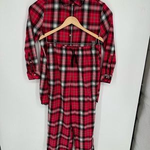 Victoria's Secret pajama set red plaid Sz M flannel drawstring Lace Hem T0